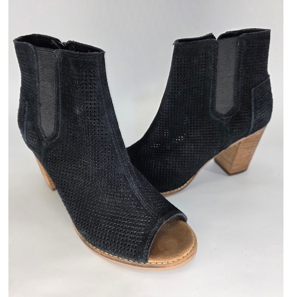 TOMS Majorca Black Perforated Suede Peep Toe Booties Women 8.5‎ Block Heel